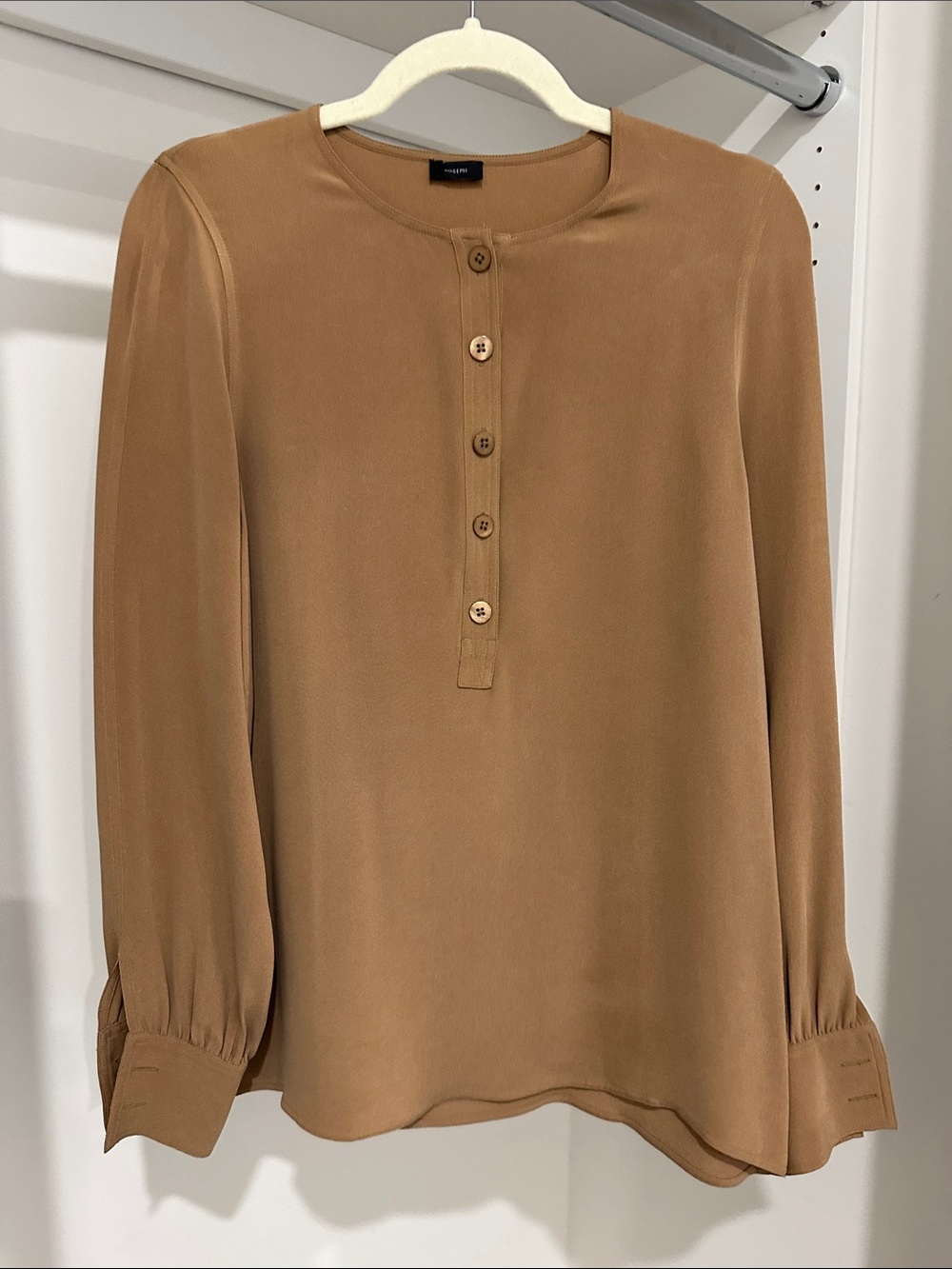 Joseph Caramel/Tan Long-Sleeve Button Henley Blouse